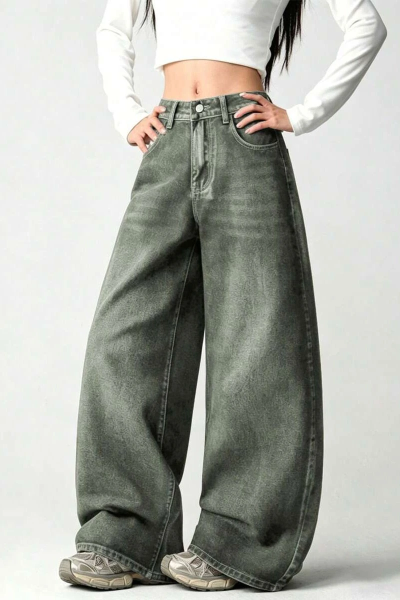 Haki Yıkamalı Melek Kanatlı Harajuku Y2K Unisex Baggy Pantolon