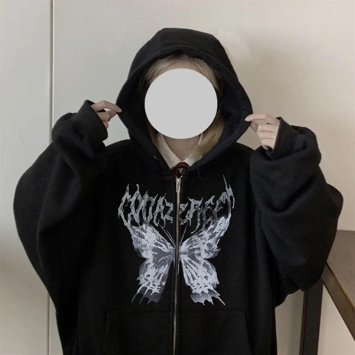 Harajuku Butterfly Kelebek Siyah Fermuarlı Unisex Oversize Kapüşonlu Hırka