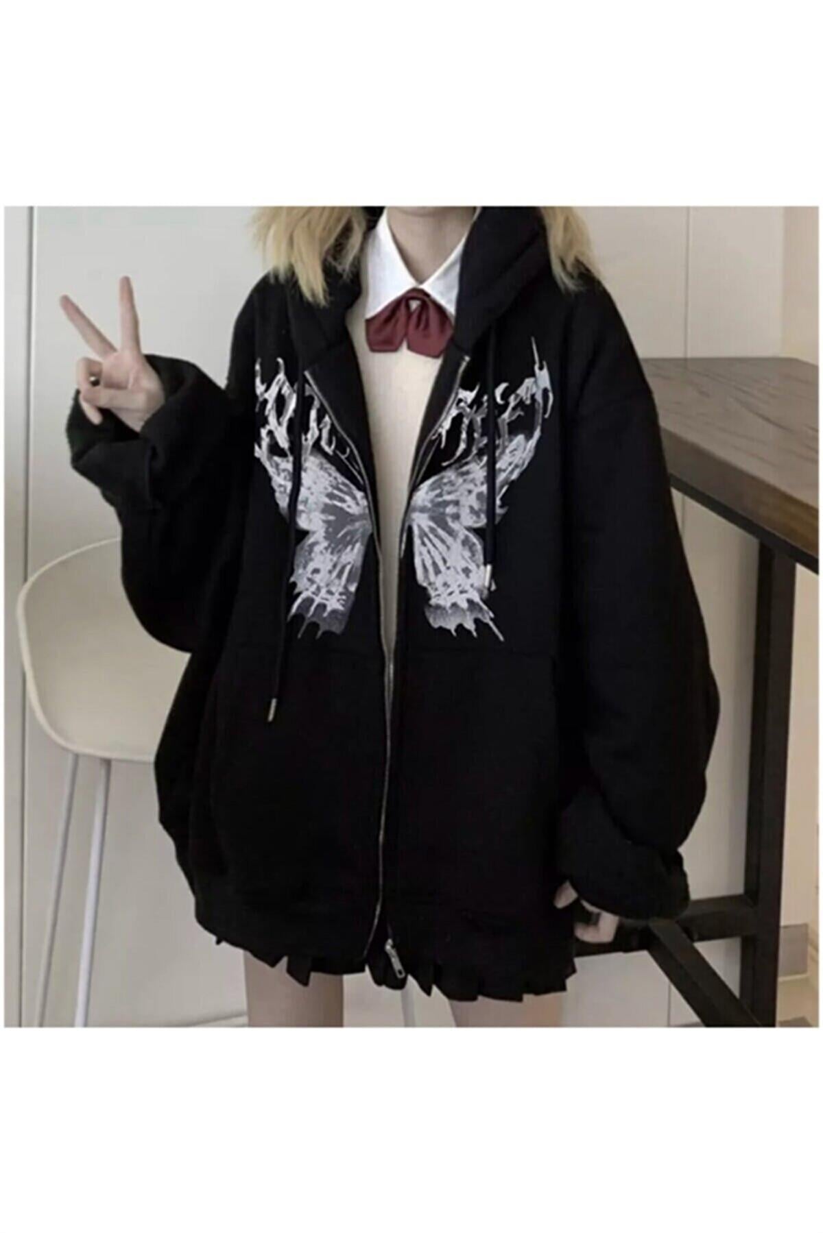 Harajuku Butterfly Kelebek Siyah Fermuarlı Unisex Oversize Kapüşonlu Hırka