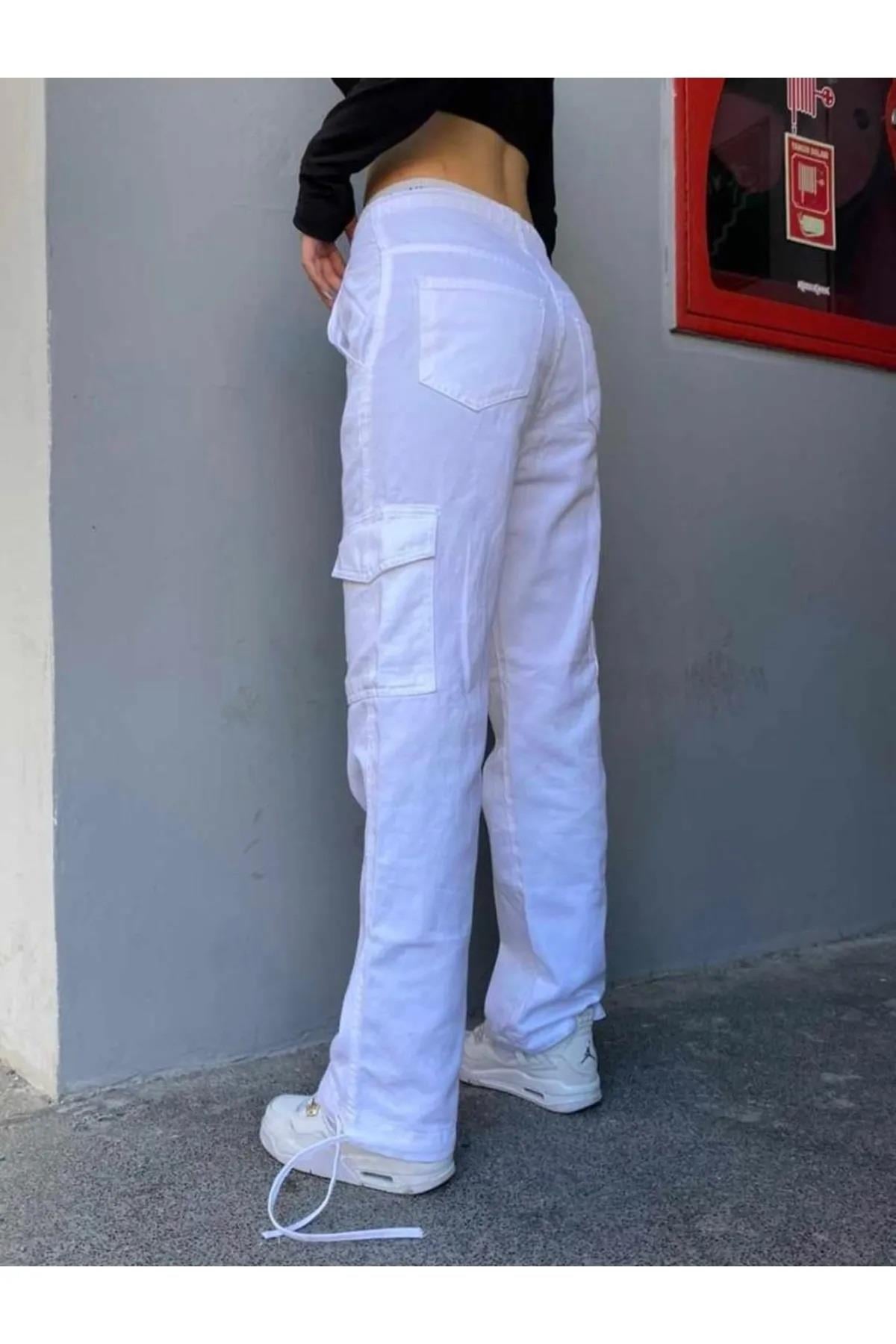Harajuku Fashion Cargo Pocket Britli Beyaz Renk Tracksuit Pantolon