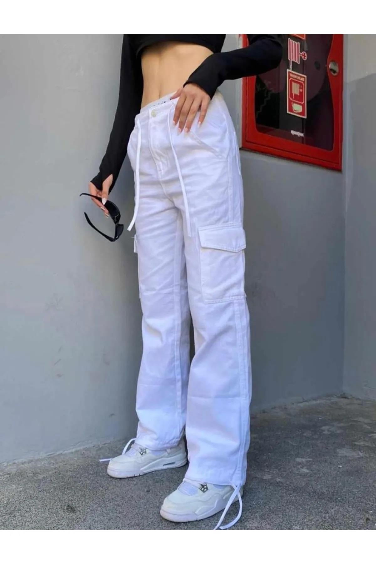 Harajuku Fashion Cargo Pocket Britli Beyaz Renk Tracksuit Pantolon