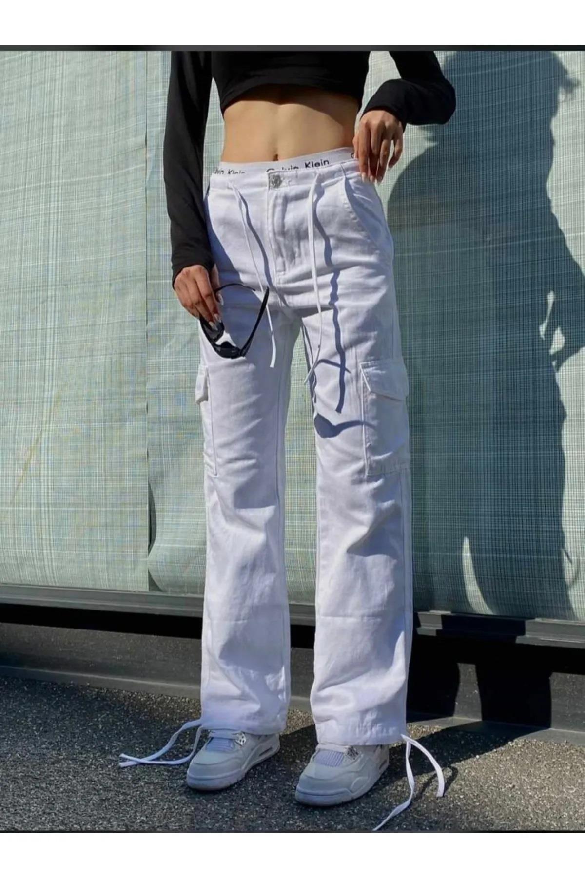 Harajuku Fashion Cargo Pocket Britli Beyaz Renk Tracksuit Pantolon