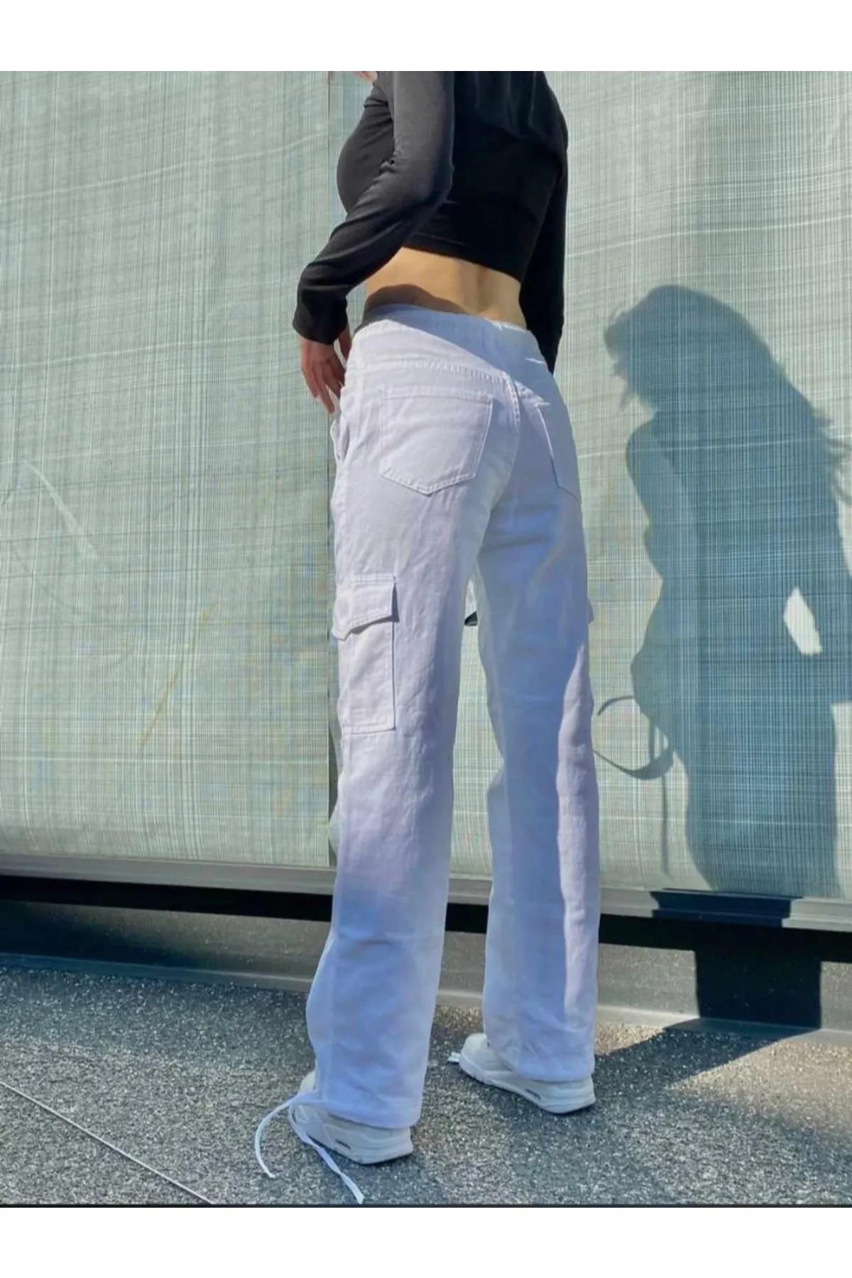 Harajuku Fashion Cargo Pocket Britli Beyaz Renk Tracksuit Pantolon