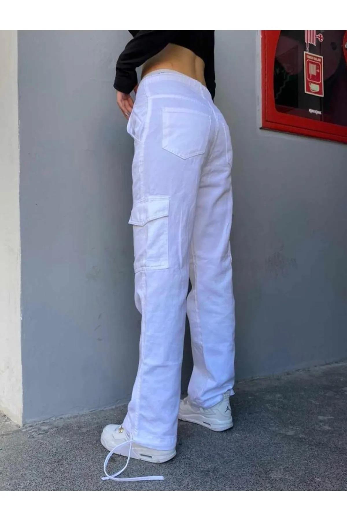 Harajuku Fashion Cargo Pocket Britli Beyaz Renk Tracksuit Pantolon