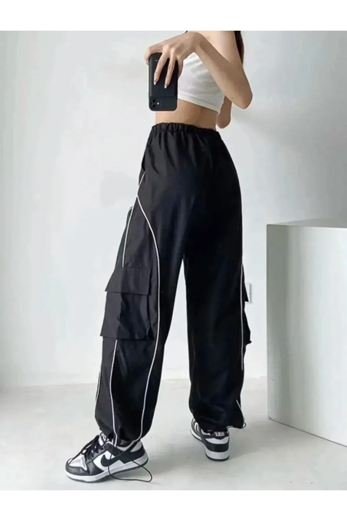 Harajuku Tarz Unisex Siyah Bel Ve Paçası Lastikli Kargo Pantolon Eşofman Altı