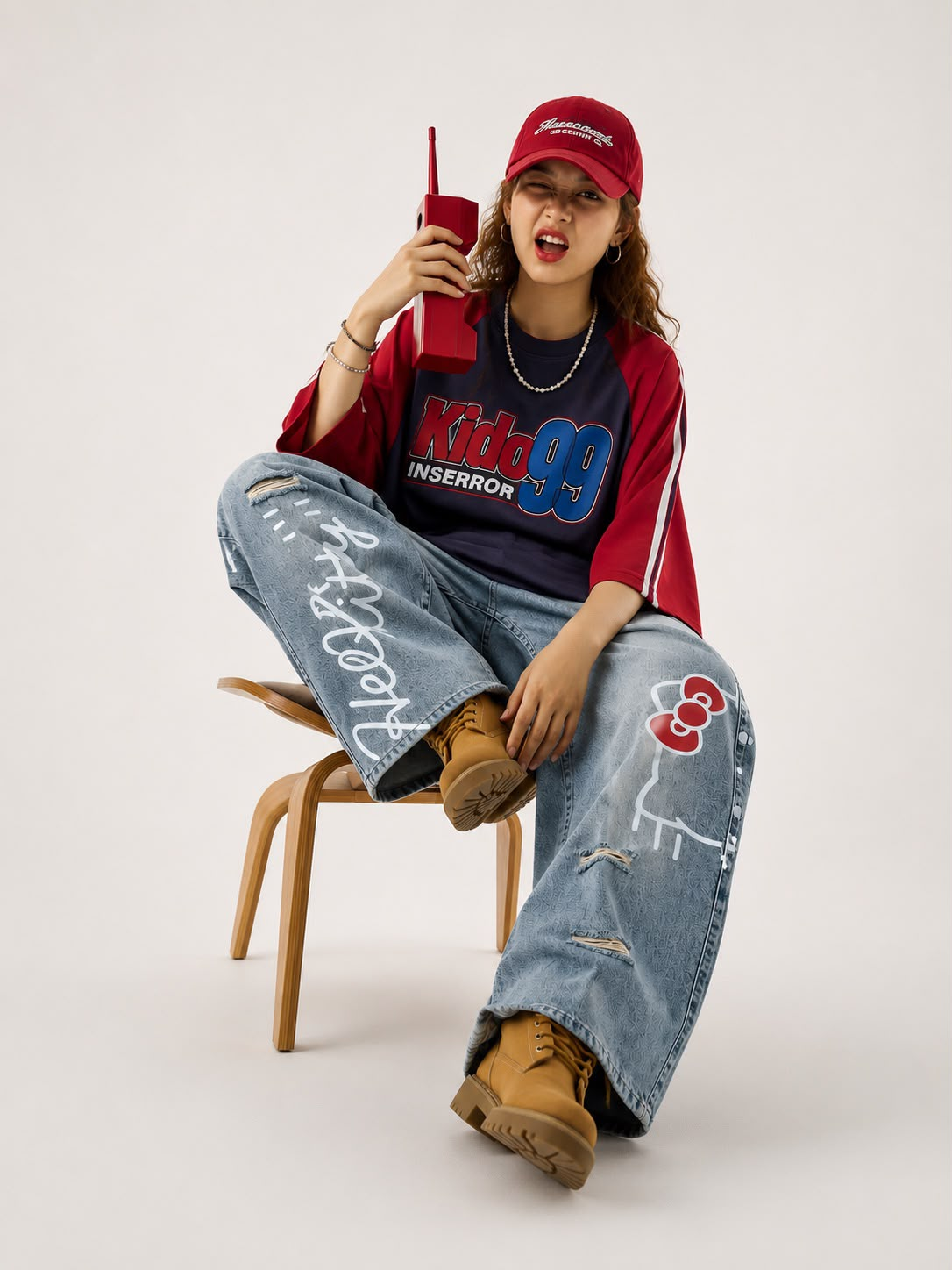 Hello Kitty Detaylı Mavi Baggy Jean