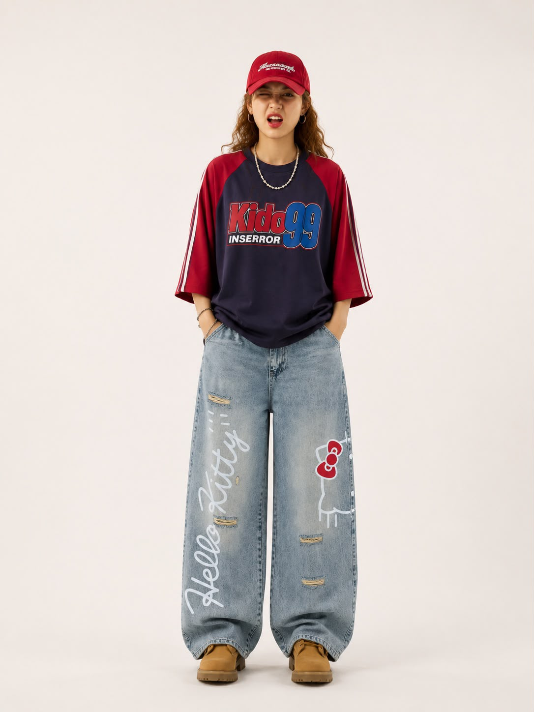 Hello Kitty Detaylı Mavi Baggy Jean