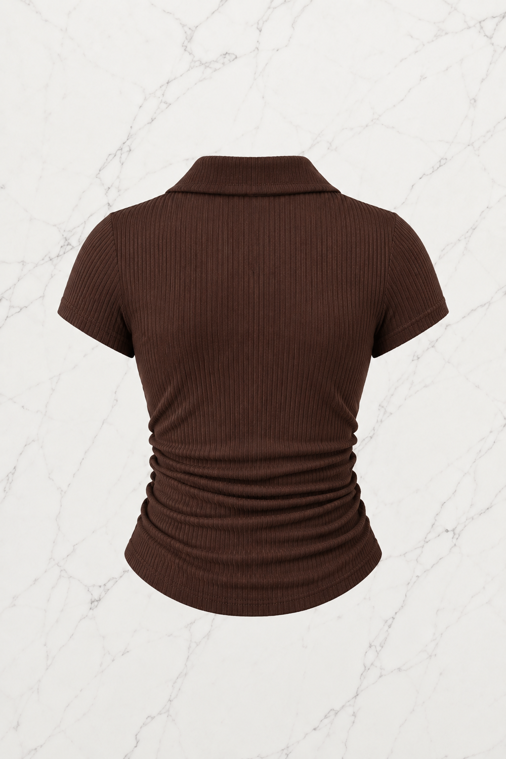 Kahverengi Polo Yaka Fitilli Likralı Bluz