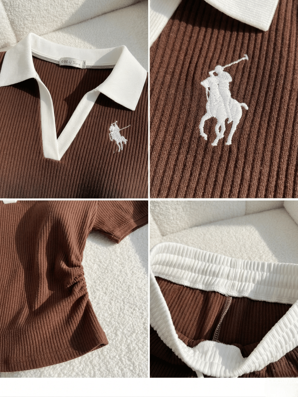 Kahverengi Polo Yaka Fitilli Likralı Premium Eşofman Takımı