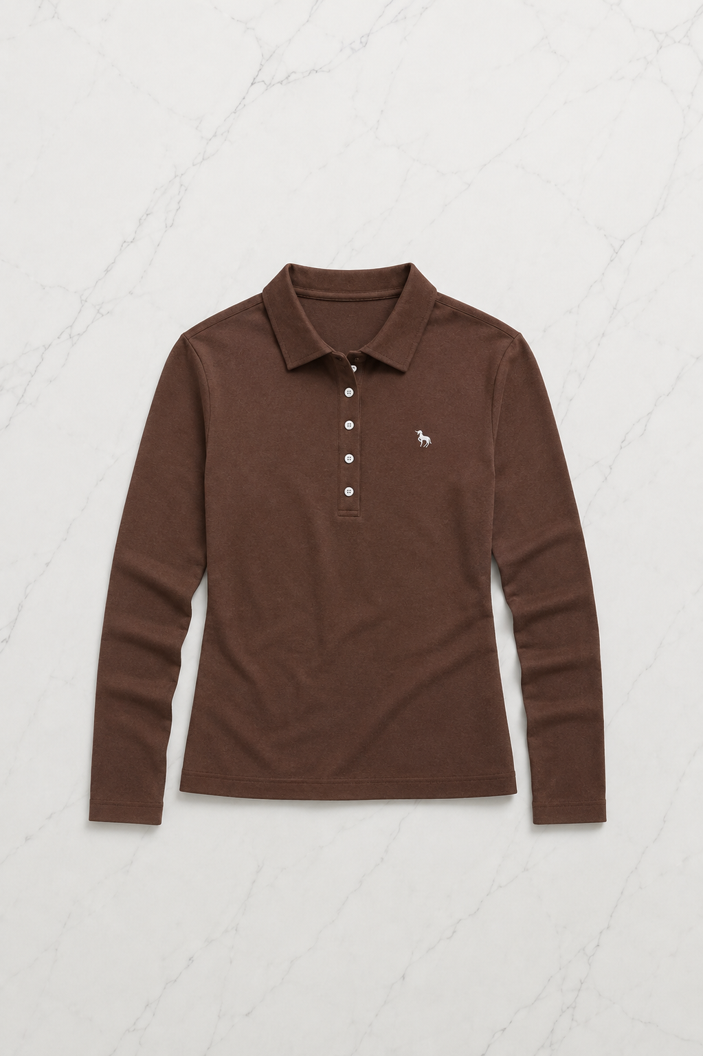 Kahverengi Tek Boynuzlu At Baskılı Polo Yaka Düğmeli Uzun Kol Tshirt