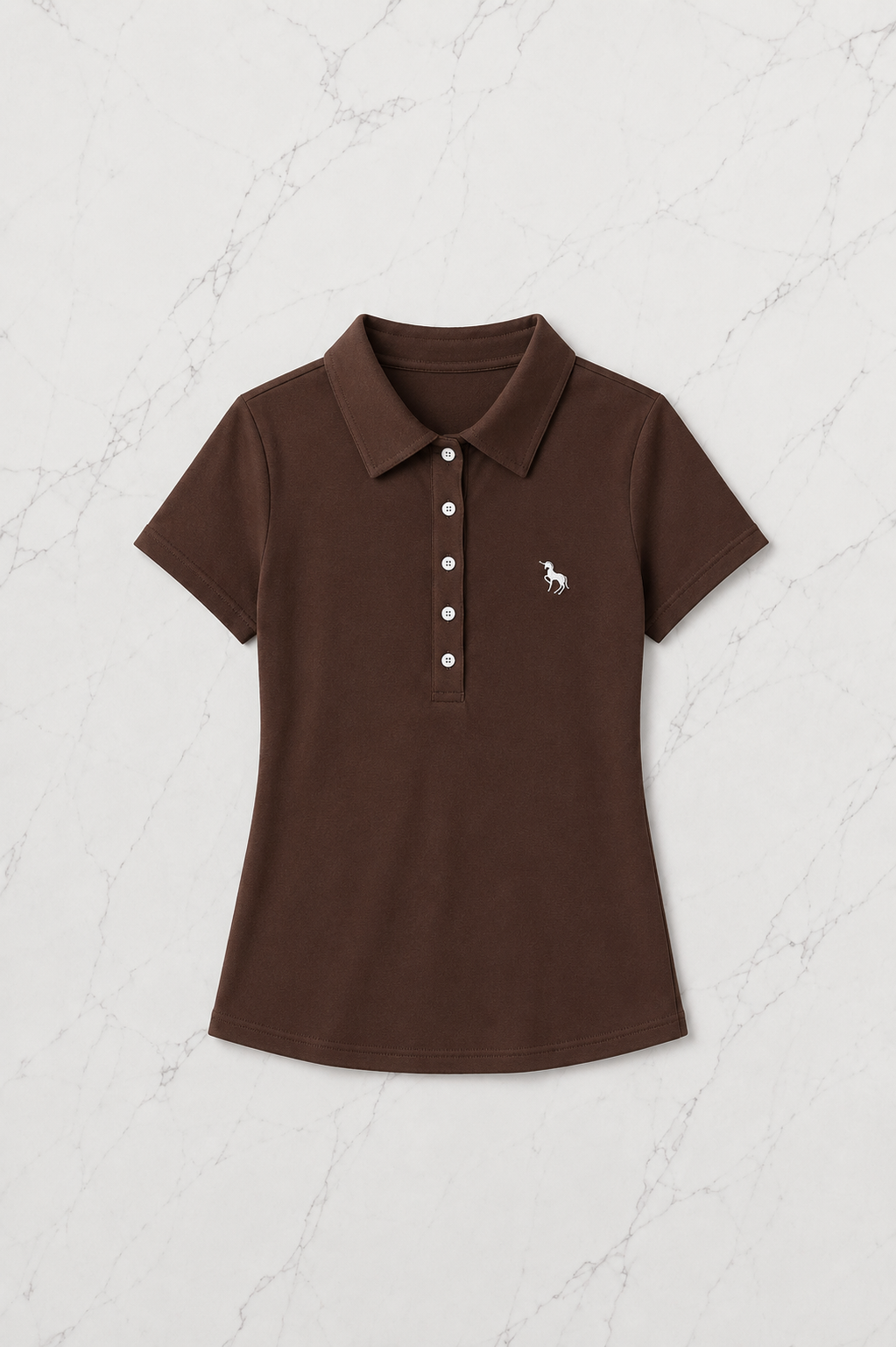 Kahverengi Tek Boynuzlu At Baskılı Polo Yaka Düğmeli Kısa Kol Tshirt 
