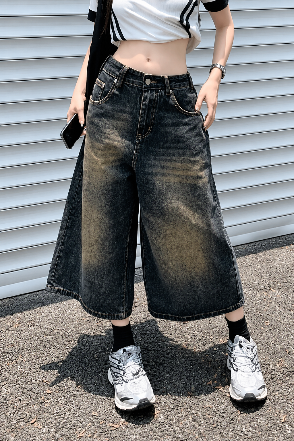 Kahverengi Yıkamalı Baggy Kısa Paça Kot Bermuda Pantolon