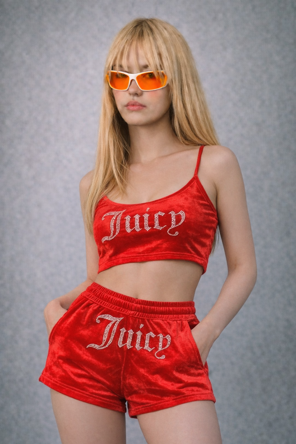 Kırmızı Juicy Taşlı Alt Üst Şort Takım