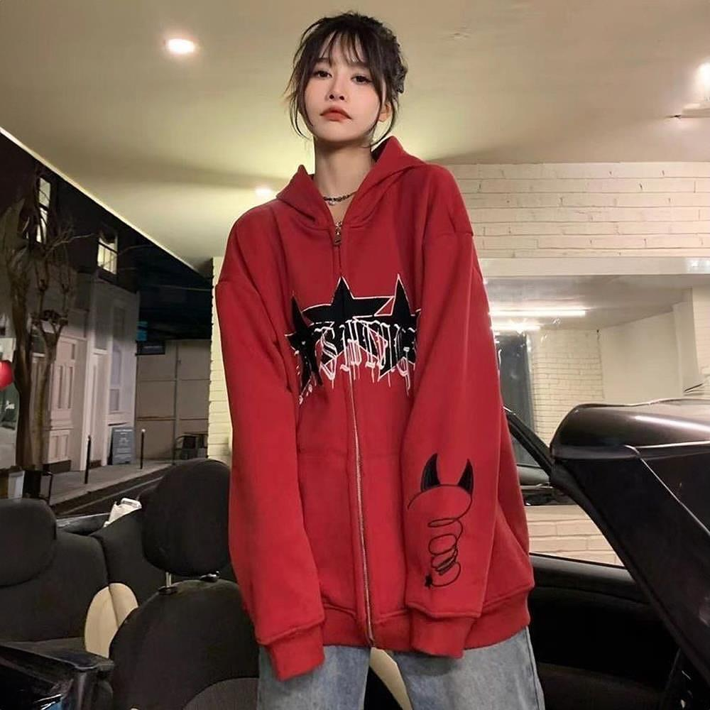 Kırmızı Triple Star Devil Icon Fermuarlı Kapüşonlu Sweatshirt