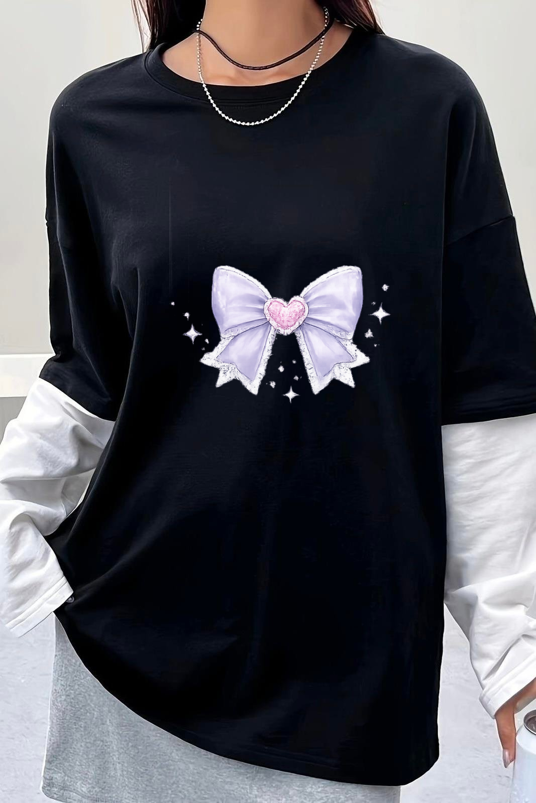 Kurdele Pink Baskılı Siyah Reglan Kol Uzun T-shirt