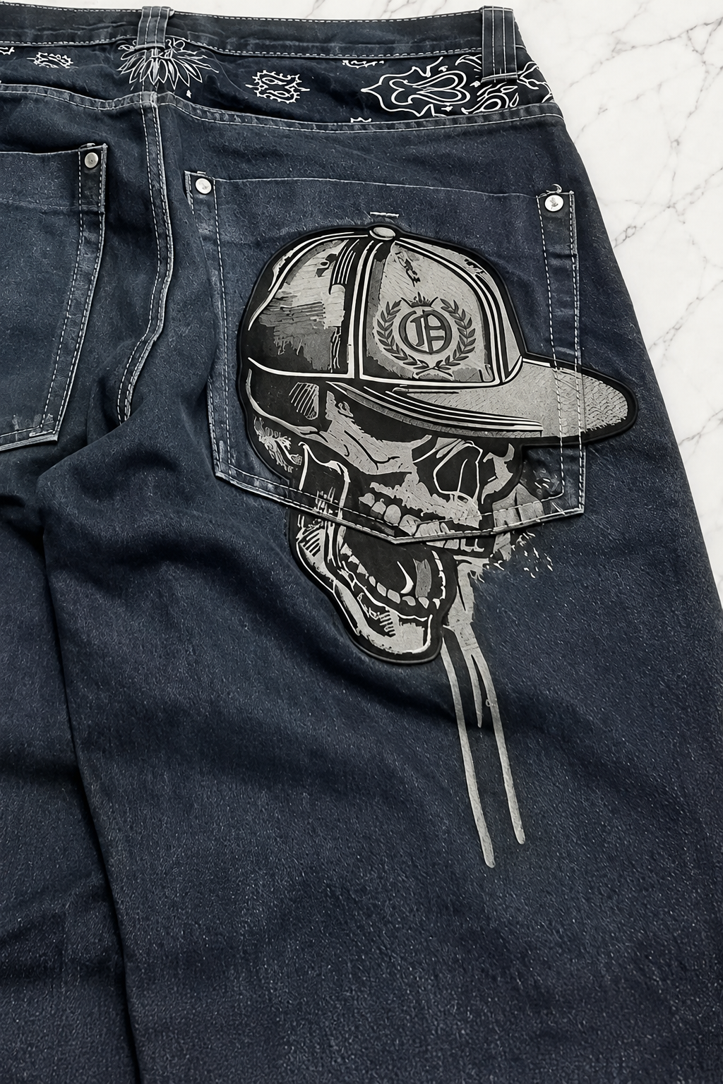 Lacivert Back Side Skull Head Salaş Baggy Kot Pantolon