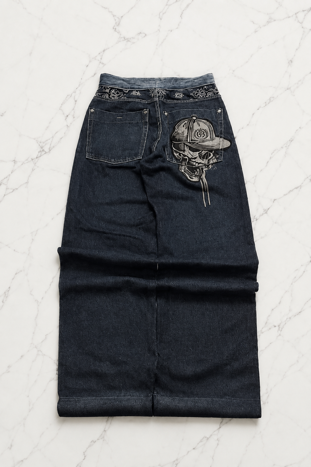 Lacivert Back Side Skull Head Salaş Baggy Kot Pantolon