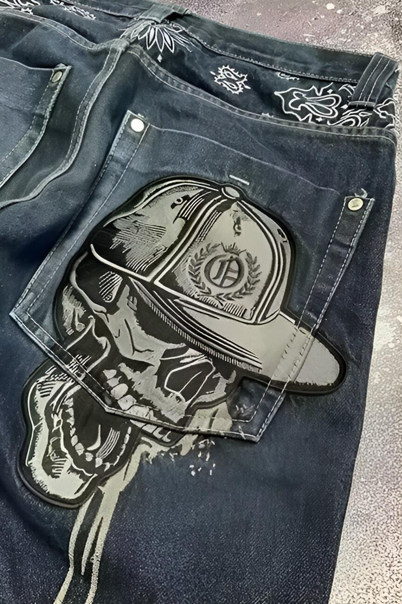 Lacivert Back Side Skull Head Salaş Baggy Kot Pantolon