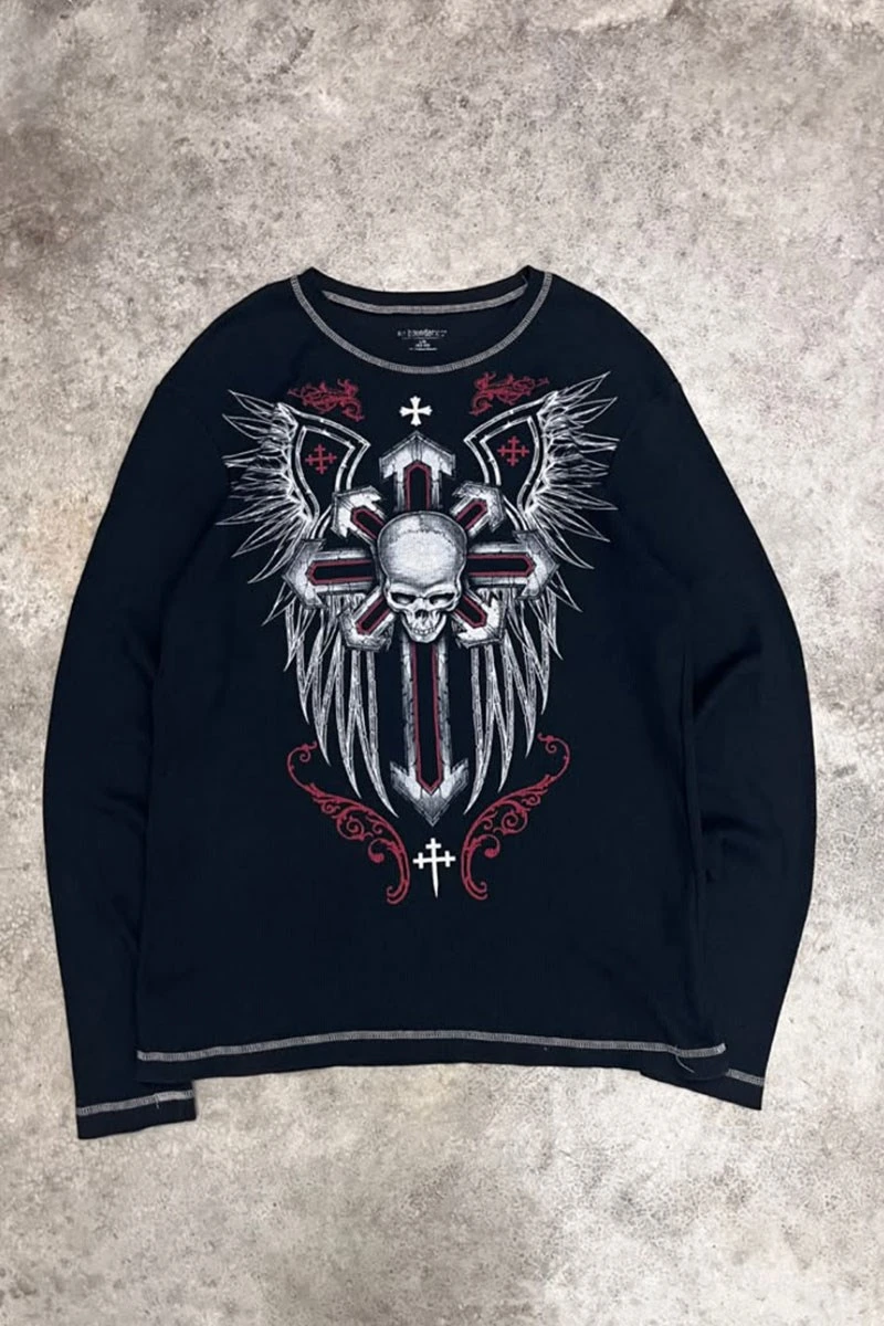 Lacivert Gotik Skull Cross Motifli Dikiş Detaylı Y2K Unisex Sweatshirt