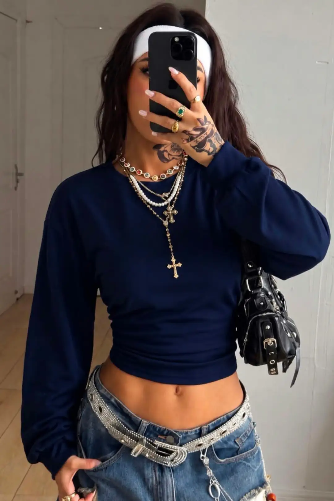 Lacivert LOOC Corset Uzun Kollu Beli Büzgülü Bluz