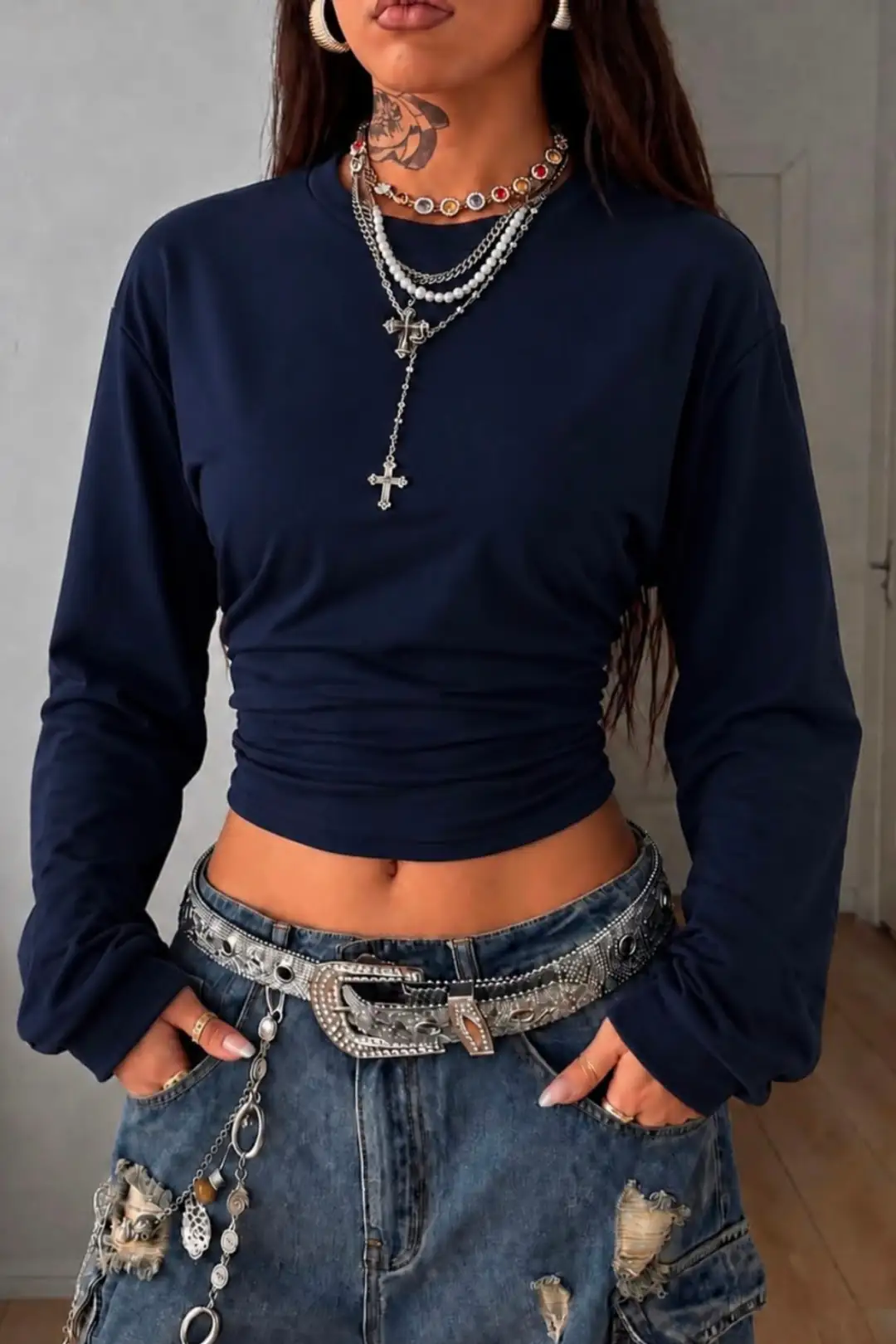 Lacivert LOOC Corset Uzun Kollu Beli Büzgülü Bluz