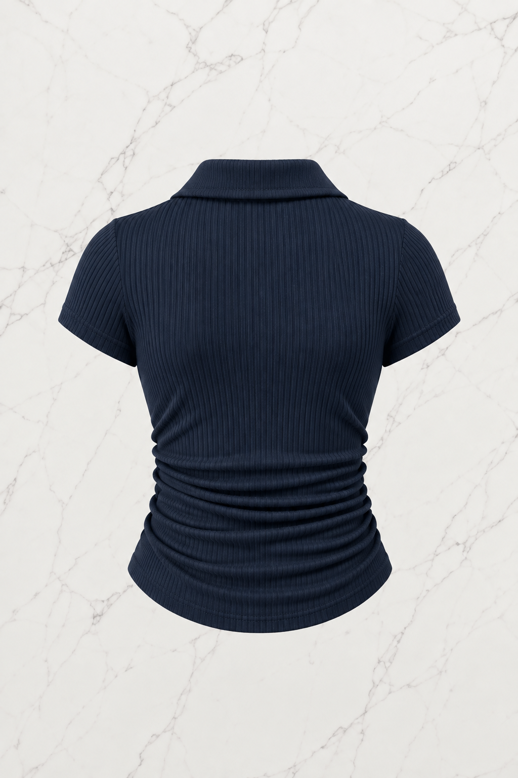 Lacivert Polo Yaka Fitilli Likralı Bluz
