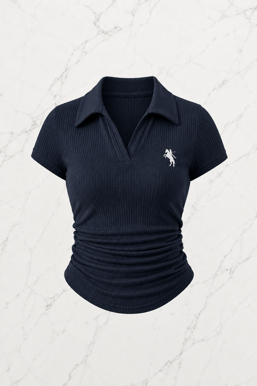 Lacivert Polo Yaka Fitilli Likralı Bluz