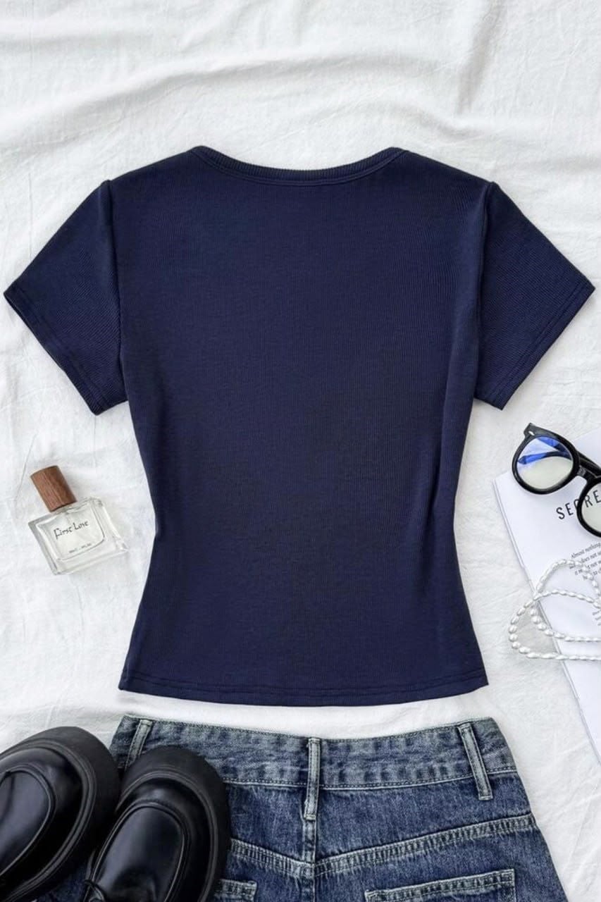 Lacivert Soft Detaylı Nakışlı Çıtçıtlı Bluz