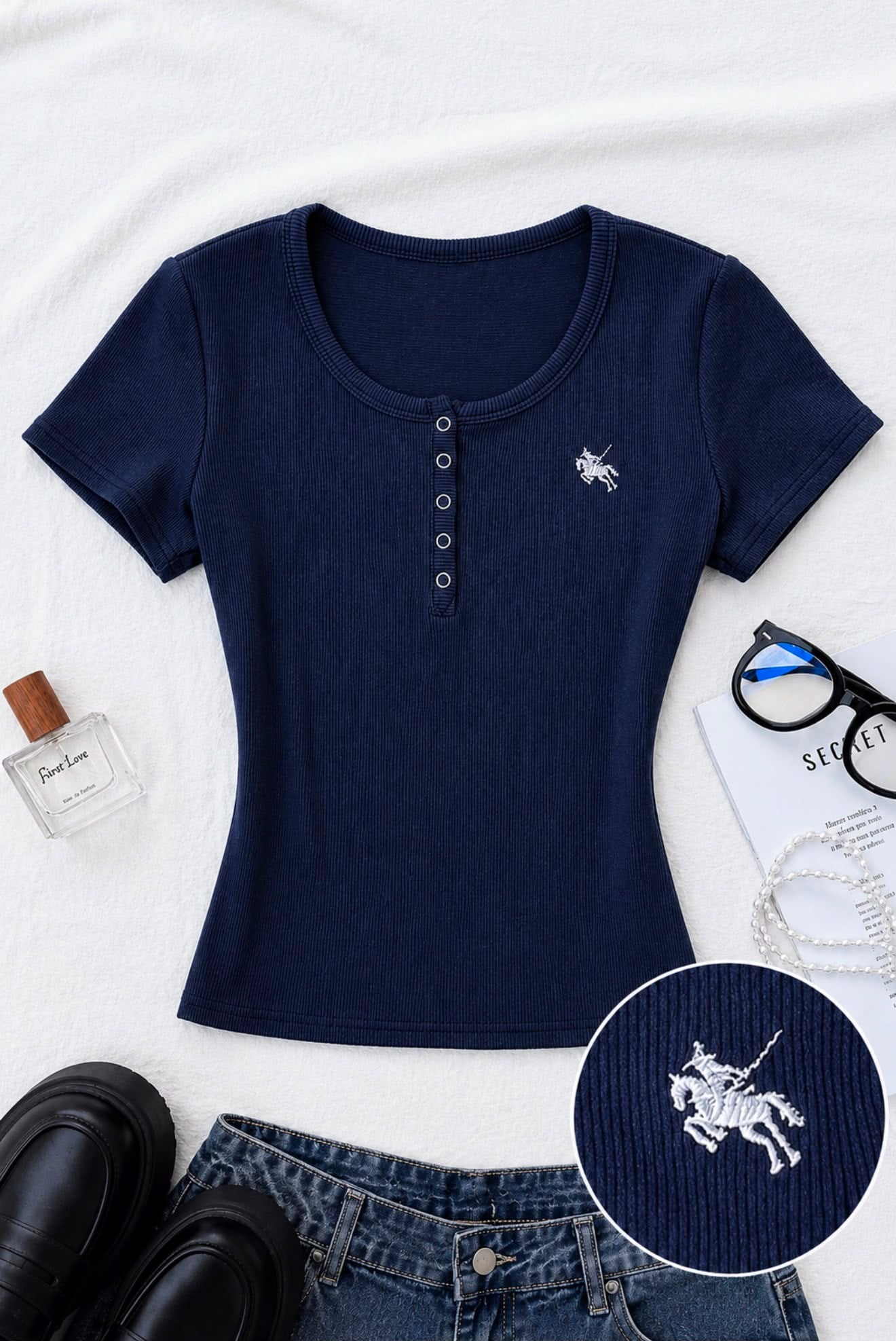 Lacivert Soft Detaylı Nakışlı Çıtçıtlı Bluz