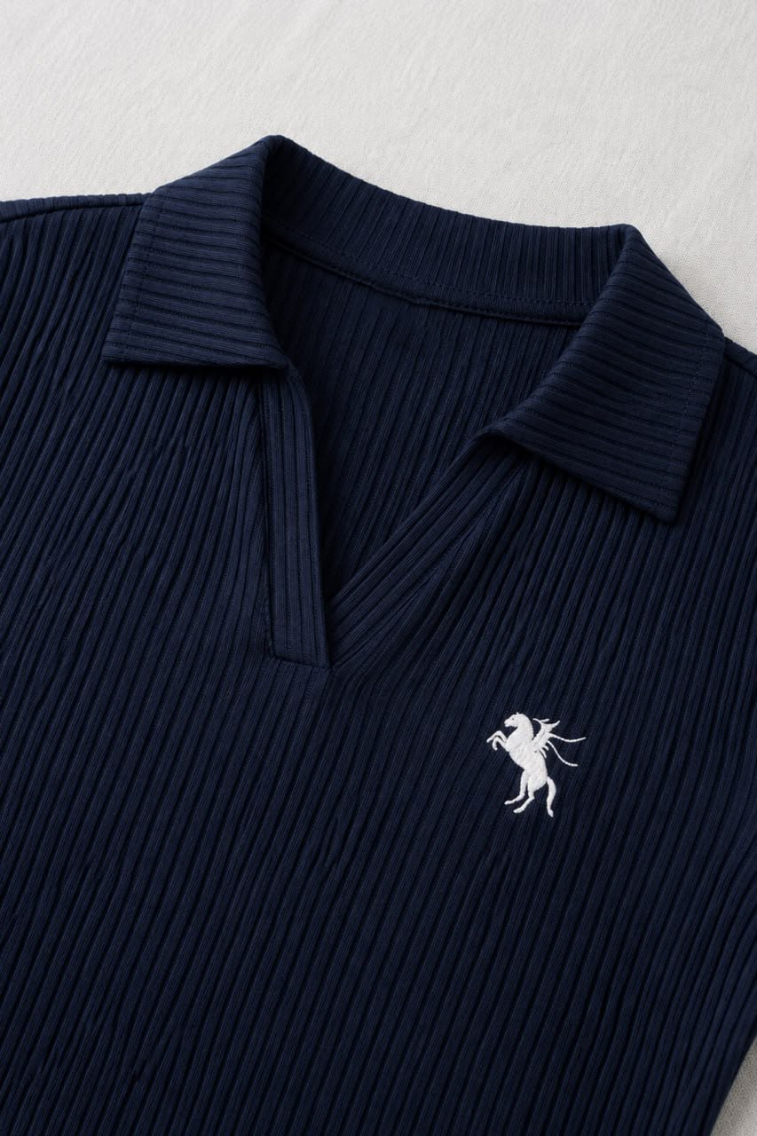 Lacivert Steed Polo Yaka Parmak Geçirme Detaylı Bluz
