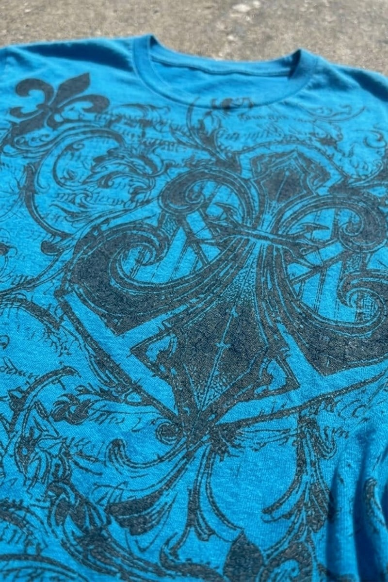 Mavi Fleur-De-Lis Gotik Y2K Kısa Kollu Crop