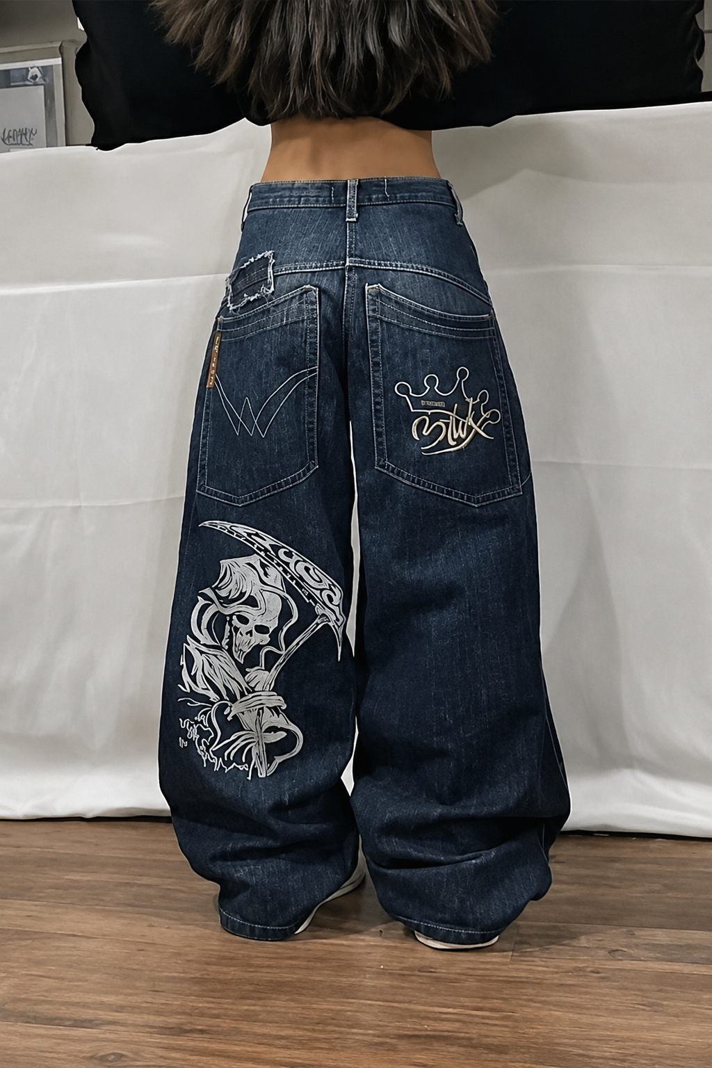 Mavi Skater Skull Arka Cep Yamalı Baggy Pantolon