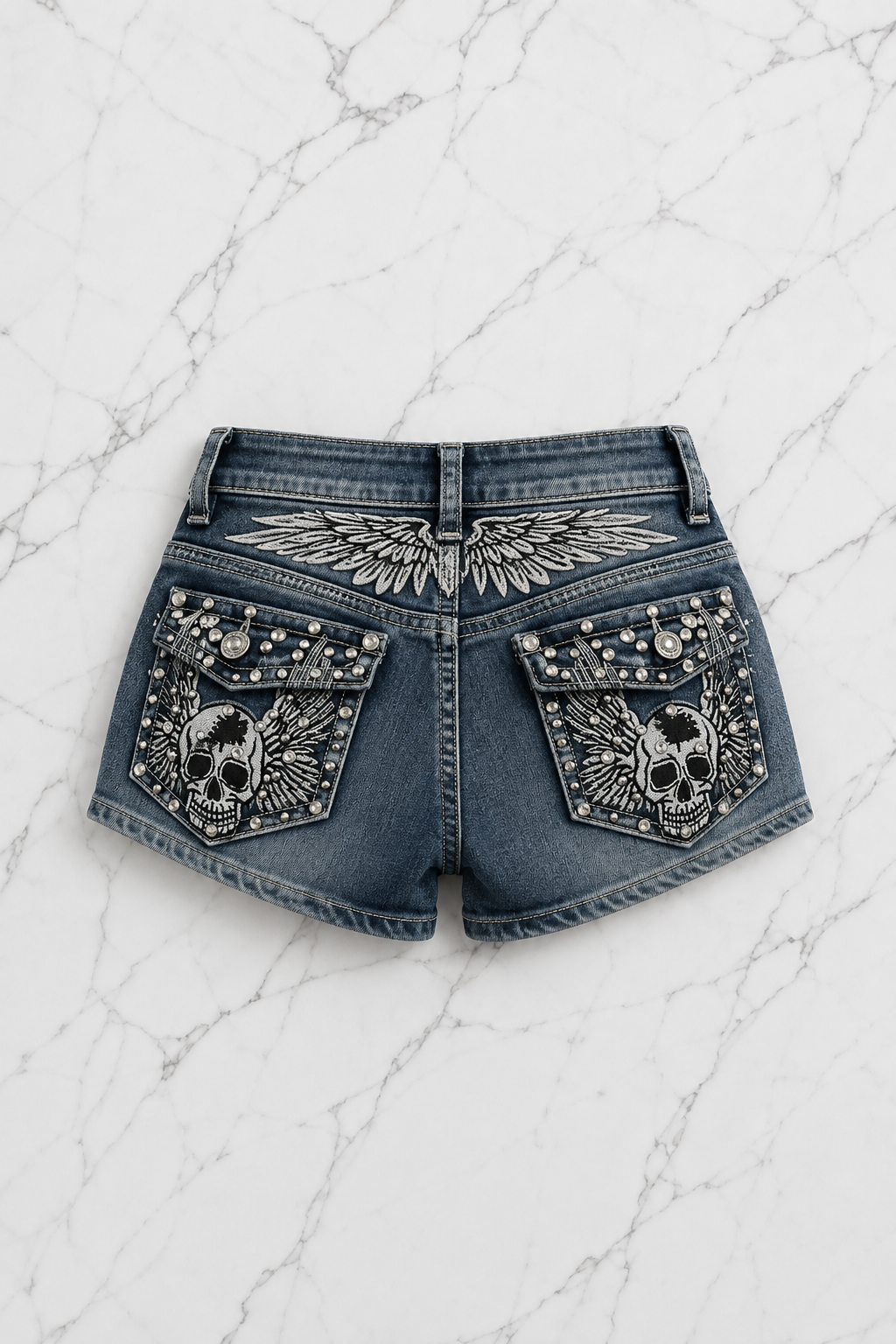 Mavi Yıkamalı Taşlı Skull Wings Grunge Y2K Kot Mini Şort