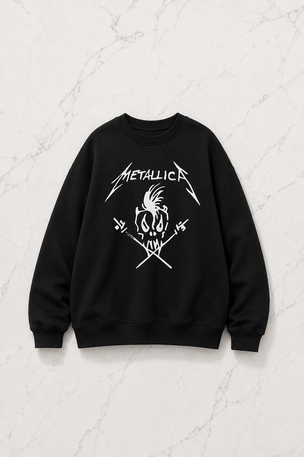 Metallica Skull Baskılı Siyah Unisex Oversize Bisiklet Yaka Sweatshirt