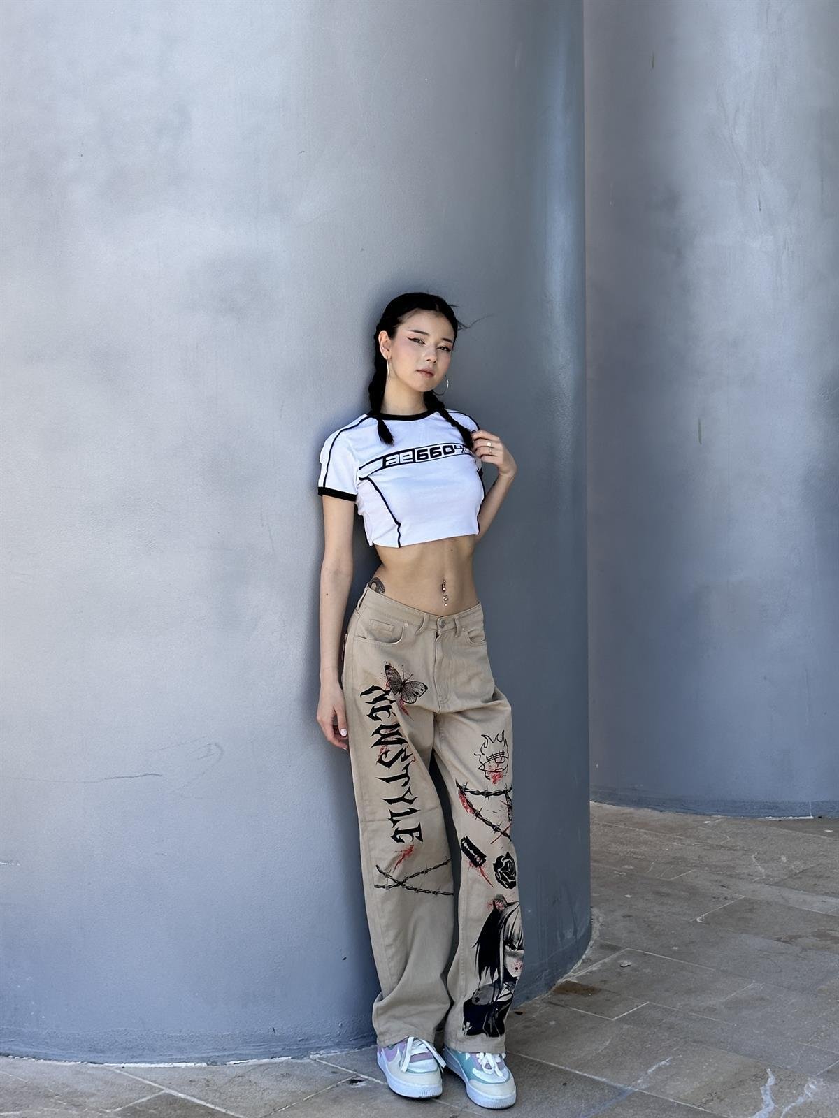 Newstyle baskilt baskılı krem baggy jean