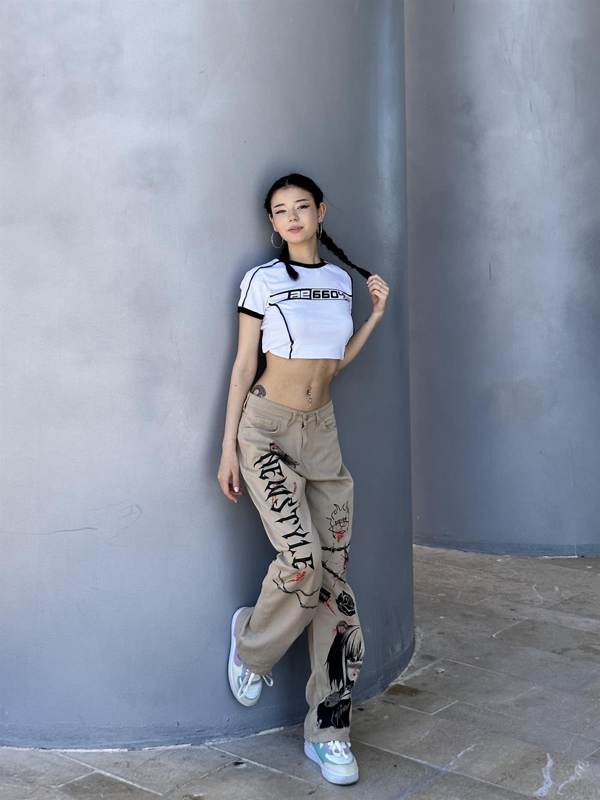 Newstyle baskilt baskılı krem baggy jean