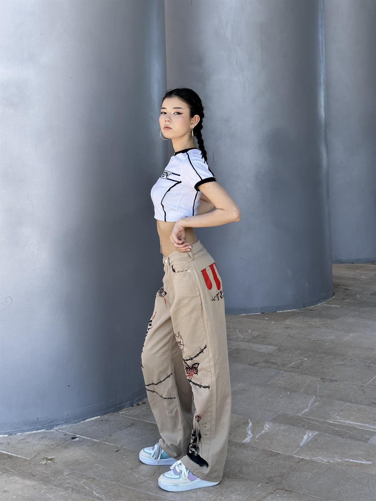 Newstyle baskilt baskılı krem baggy jean