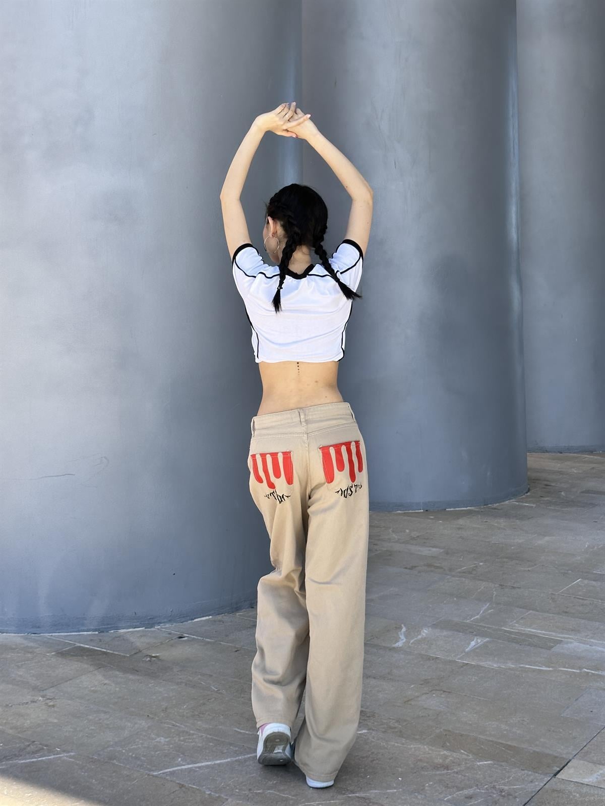 Newstyle baskilt baskılı krem baggy jean