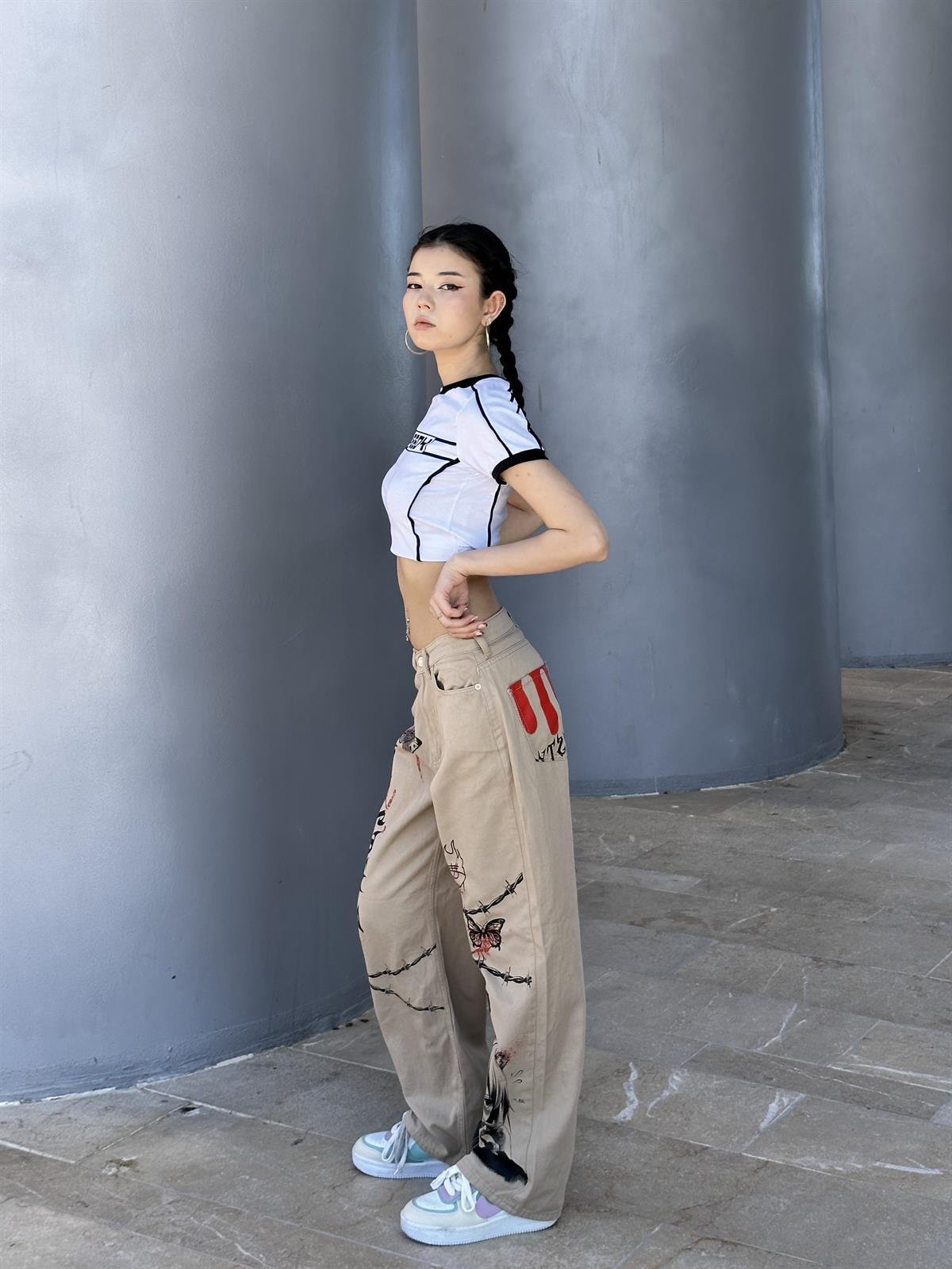 Newstyle baskilt baskılı krem baggy jean