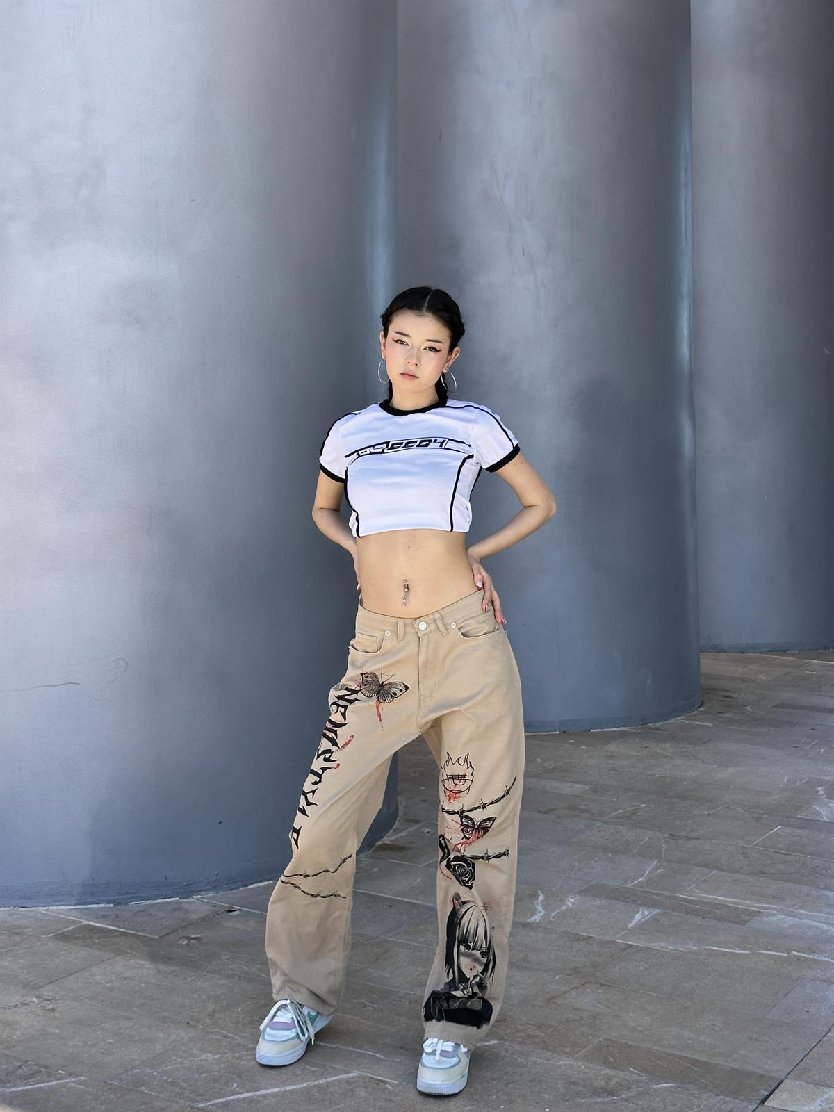 Newstyle baskilt baskılı krem baggy jean