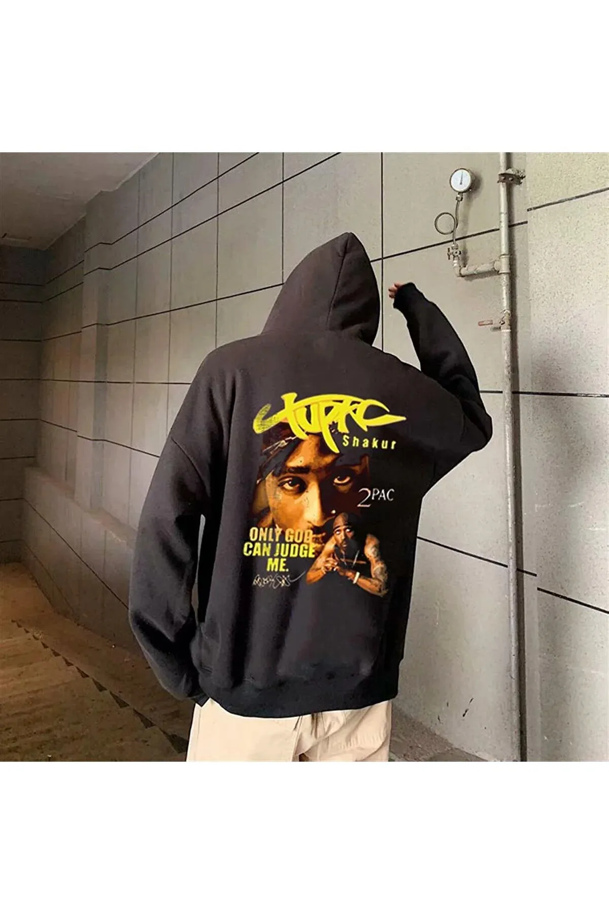 Oversize Bol Unisex Kapüşonlu Tupac Shakur Baskılı Sweatshirt