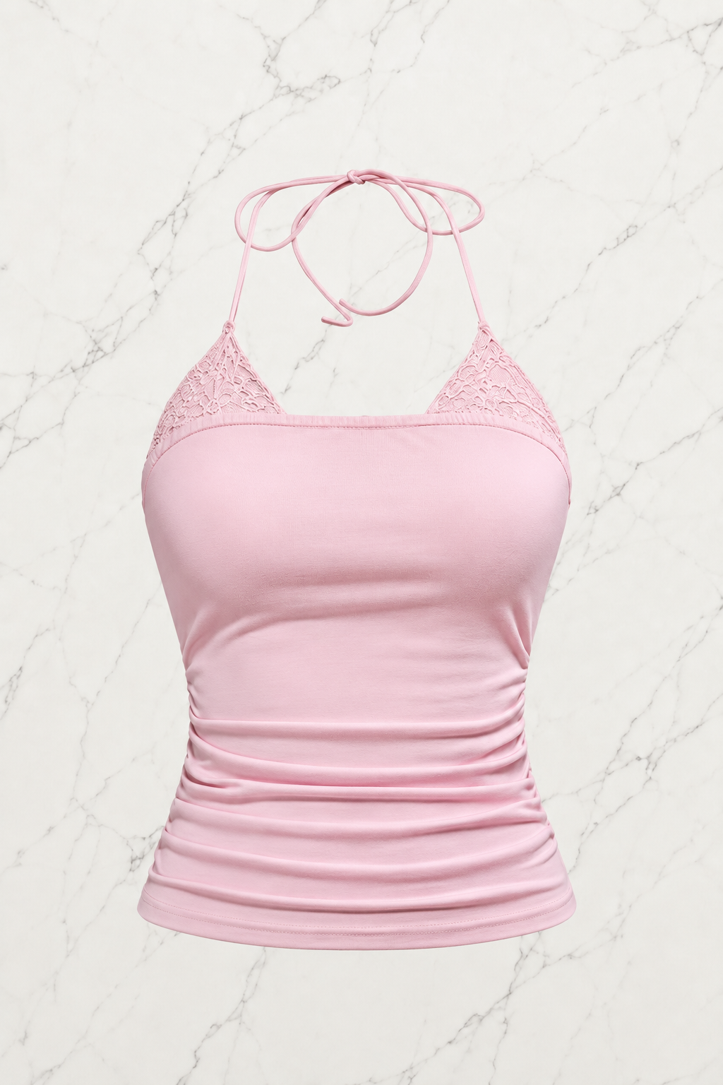 Pembe Dantel Ekli Bağlamalı Y2K Askılı Crop