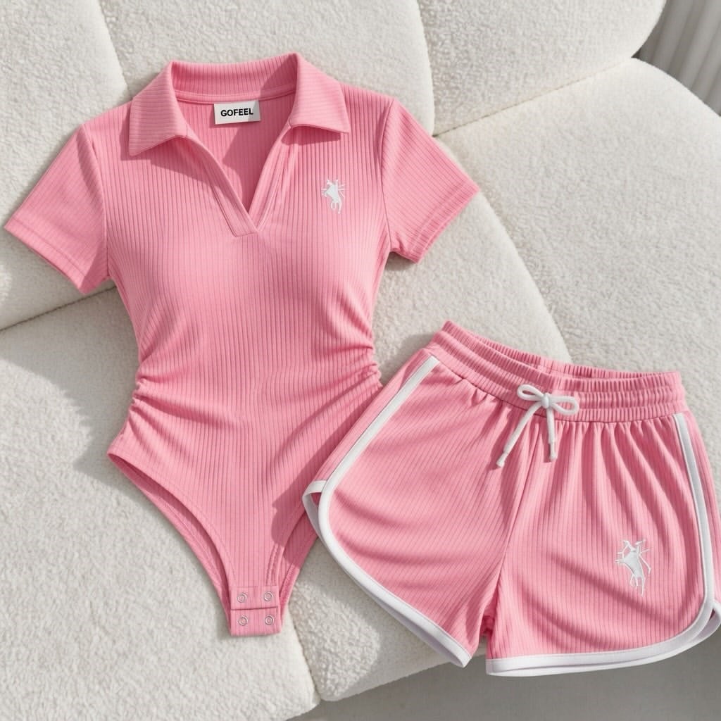 Pembe Fit Polo Yaka Bodysuit Şort Takım