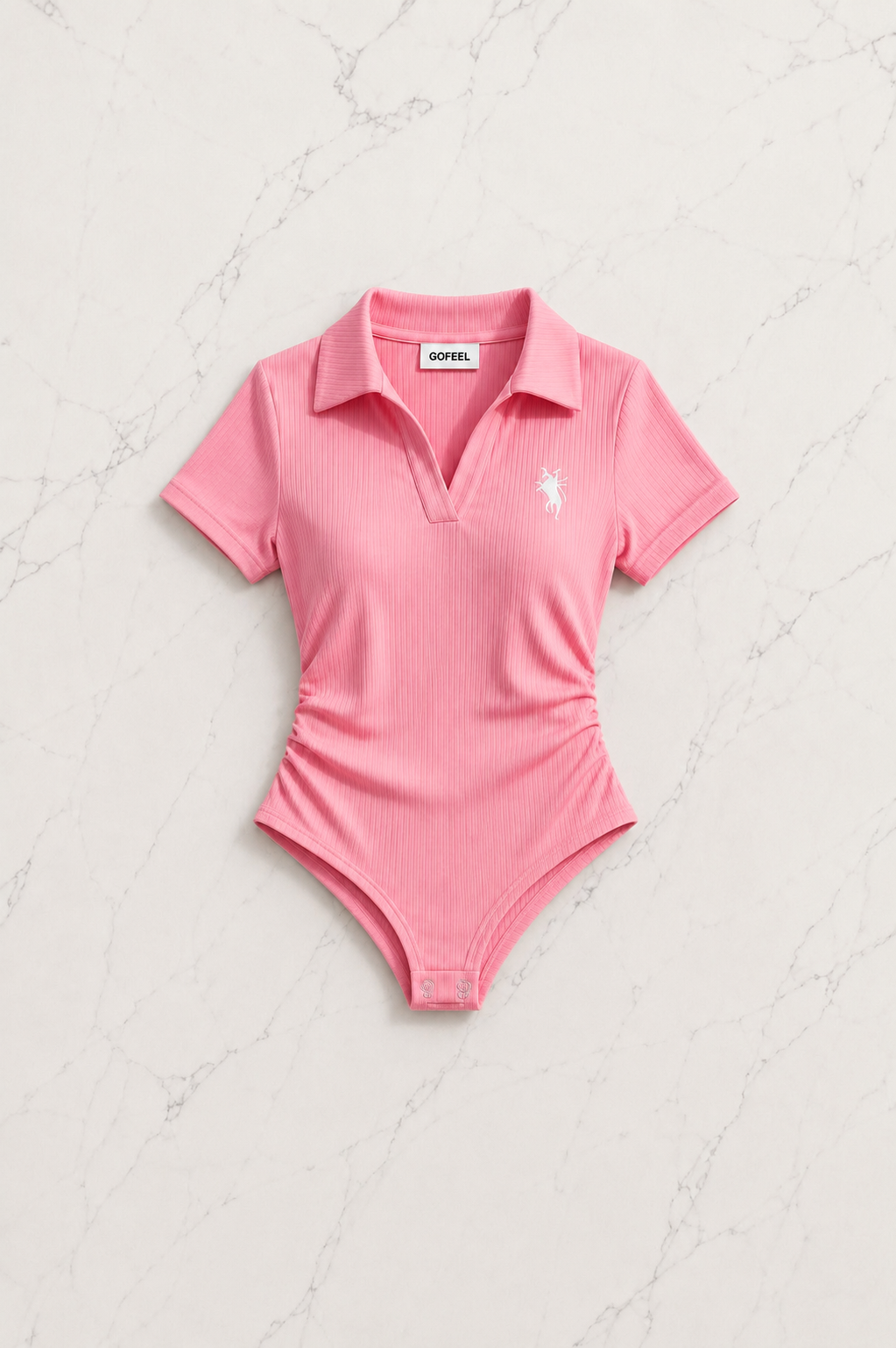 Pembe Fit Polo Yaka Bodysuit Şort Takım