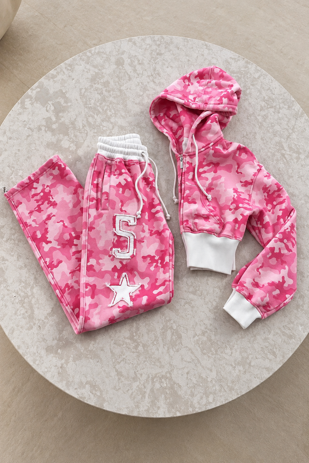 Pembe Kamuflaj Baggy Alt Üst Eşofman Takımı ( 3 İplik Şardonlu)