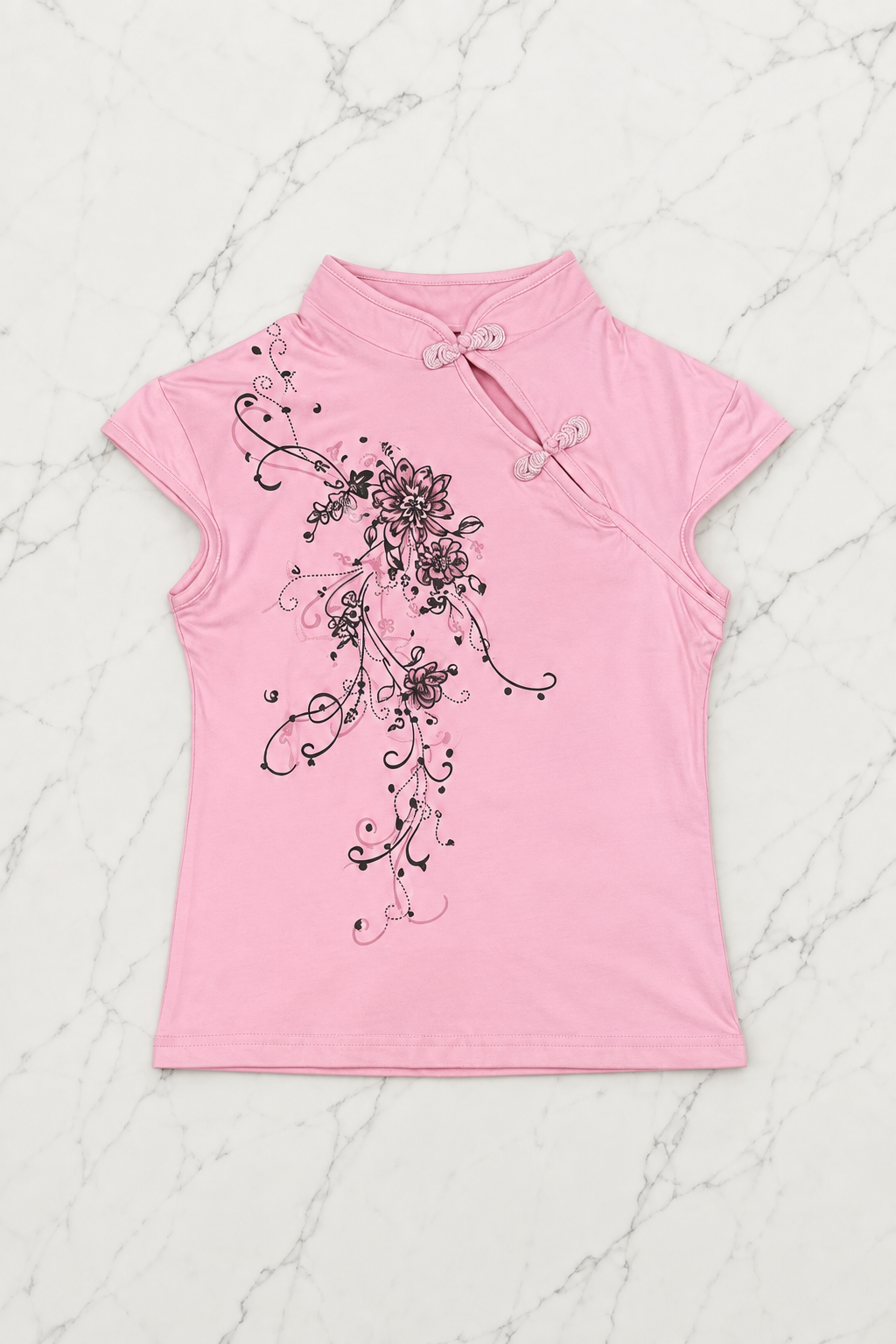 Pembe Mandarin Yaka Çiçekli Qipao Vintage Y2K Kısa Kollu Crop