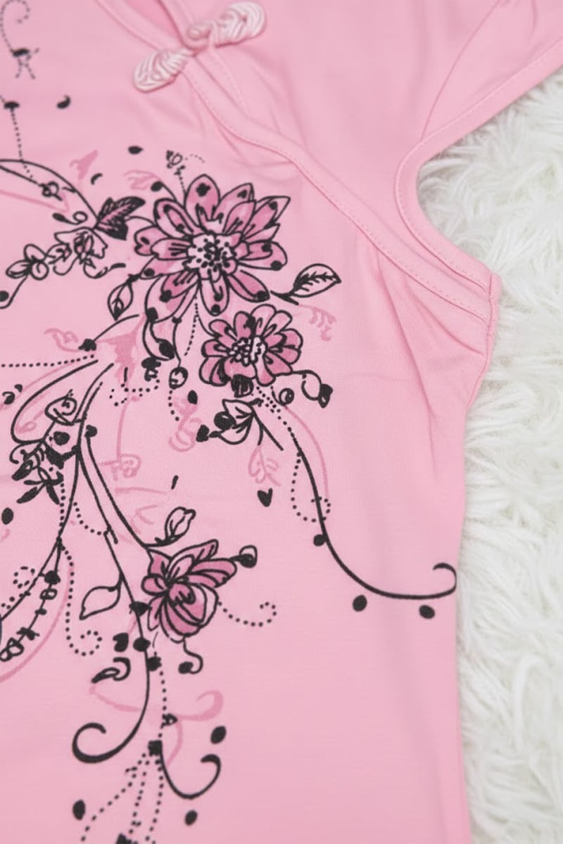 Pembe Mandarin Yaka Çiçekli Qipao Vintage Y2K Kısa Kollu Crop