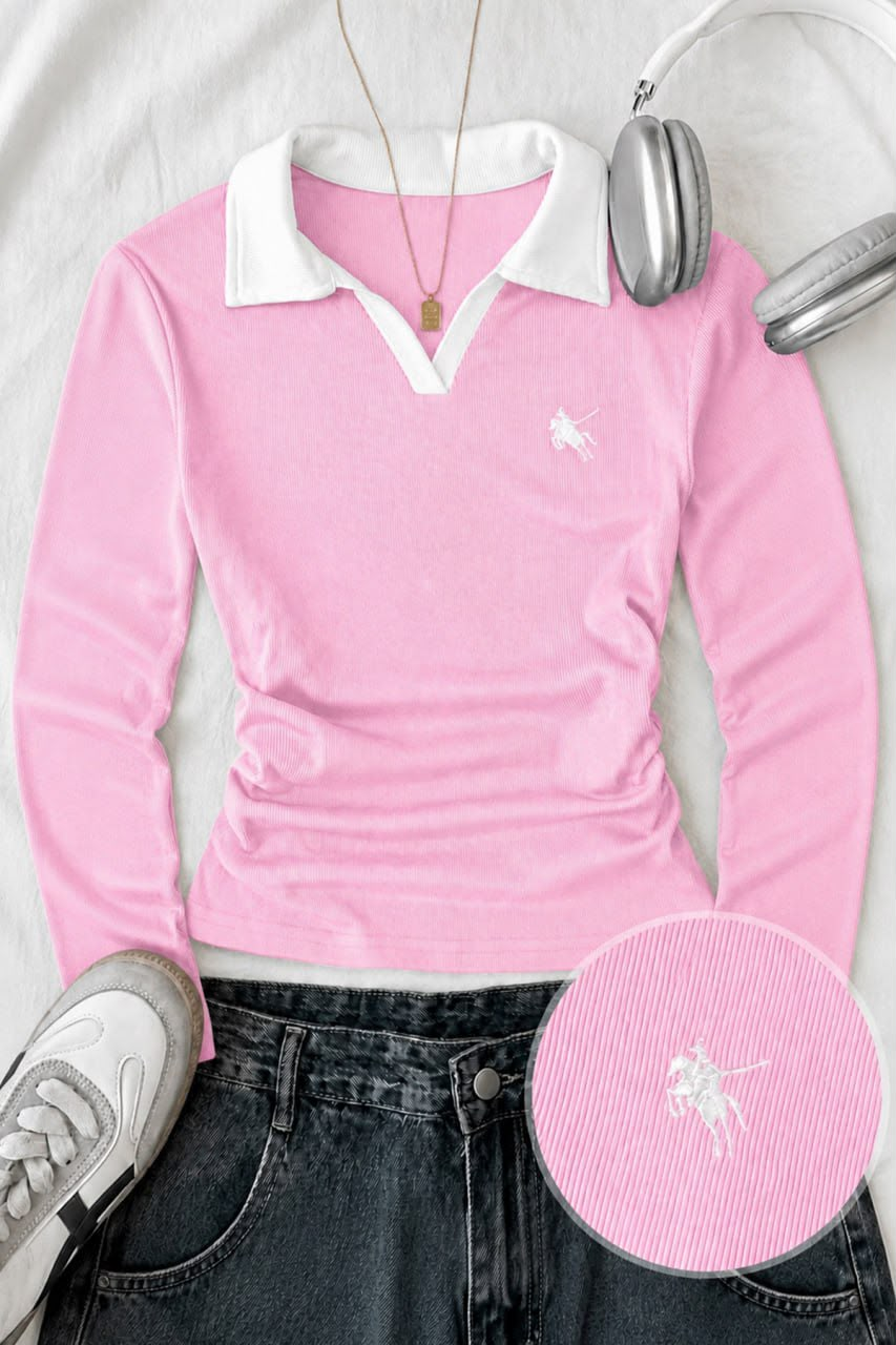 Pembe Olos Polo Yaka Nakışlı Büzgülü Uzun Kollu Bluz