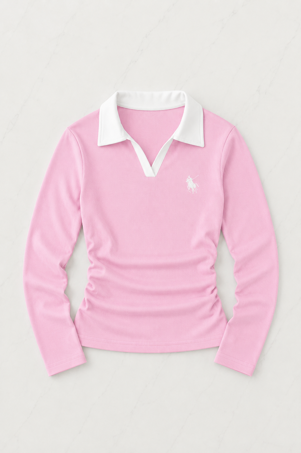 Pembe Olos Polo Yaka Nakışlı Büzgülü Uzun Kollu Bluz