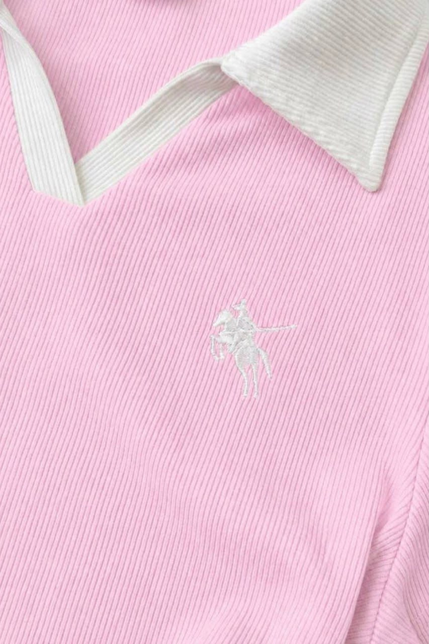 Pembe Olos Polo Yaka Nakışlı Büzgülü Uzun Kollu Bluz